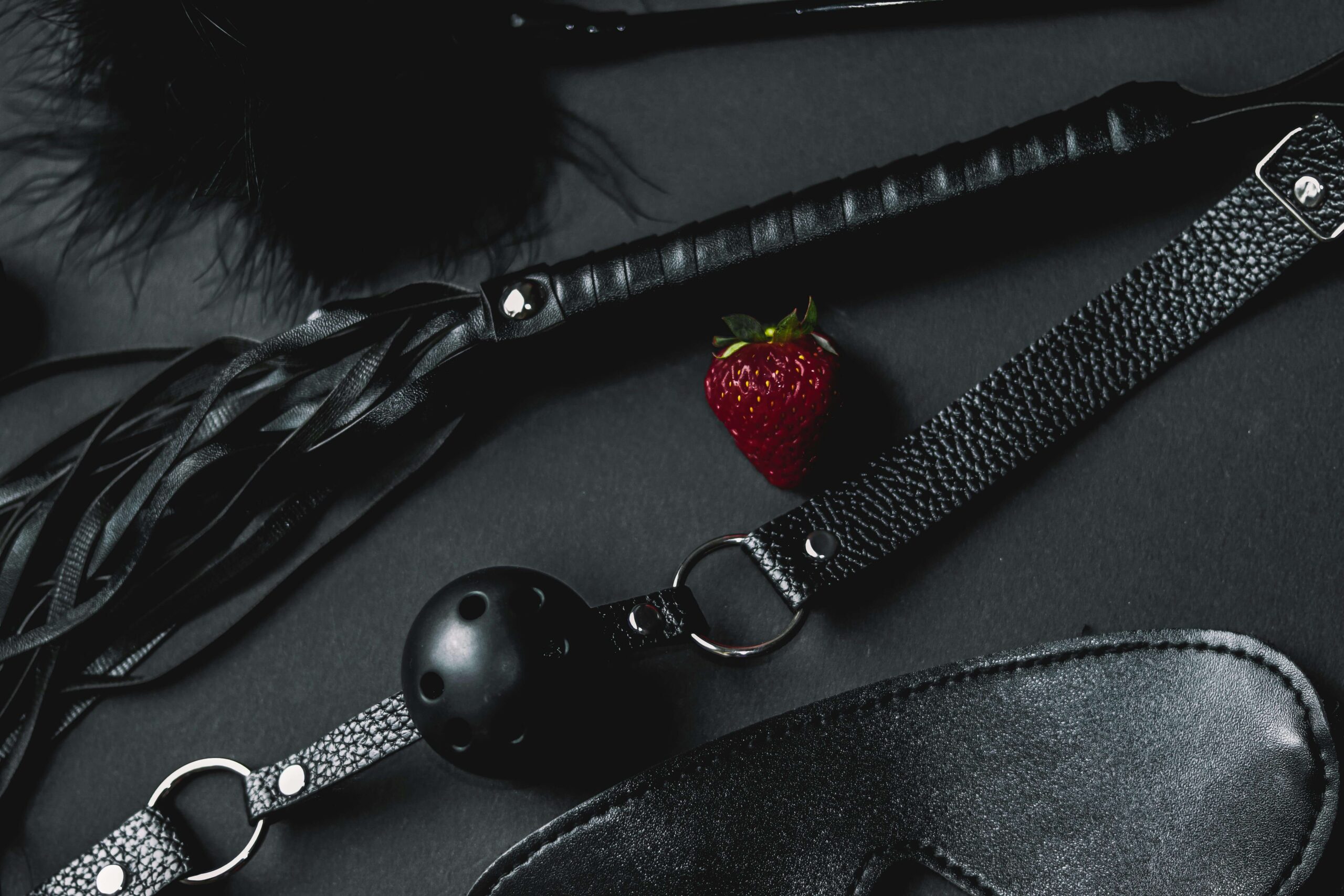 BDSM accessories leather whip and ball gag